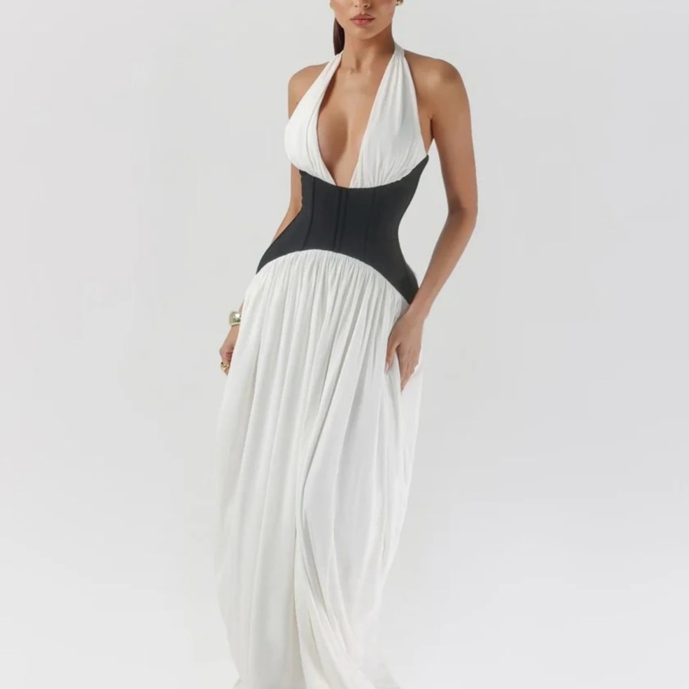 Chic Black and White Halter Maxi Dress